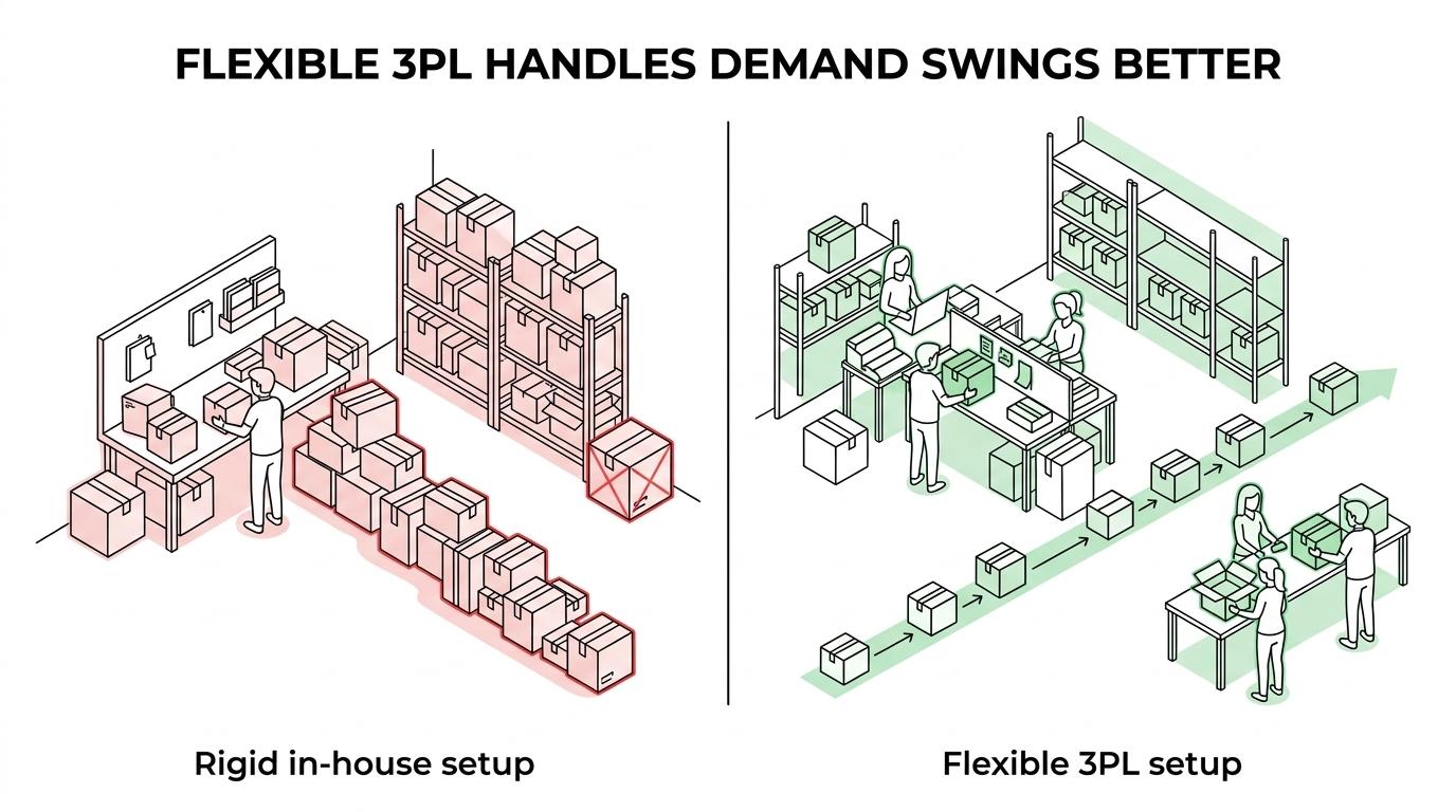 Side-by-side comparison of rigid in-house fulfilment and flexible 3PL support during demand spikes, returns, stock handling, tracking, and quiet periods.