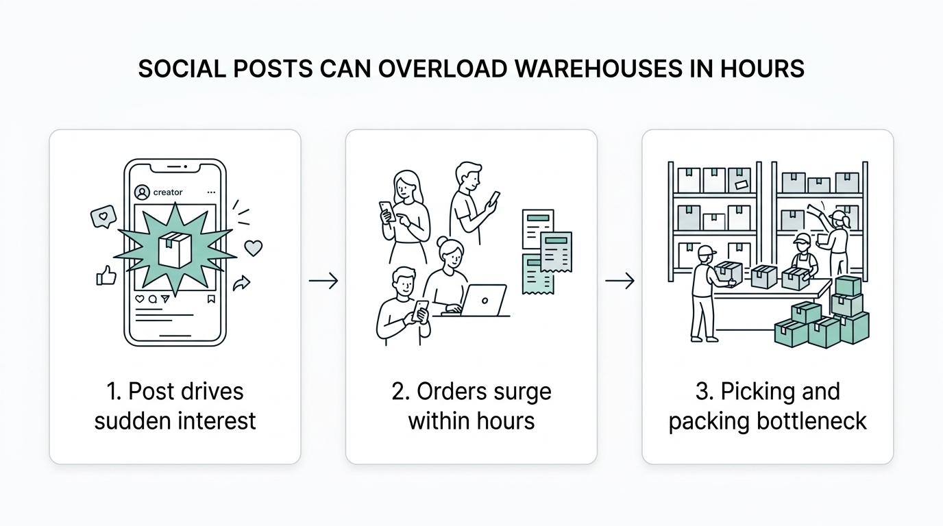 A step-by-step flow showing a social post driving rapid purchases, warehouse bottlenecks, and flexible fulfilment response.