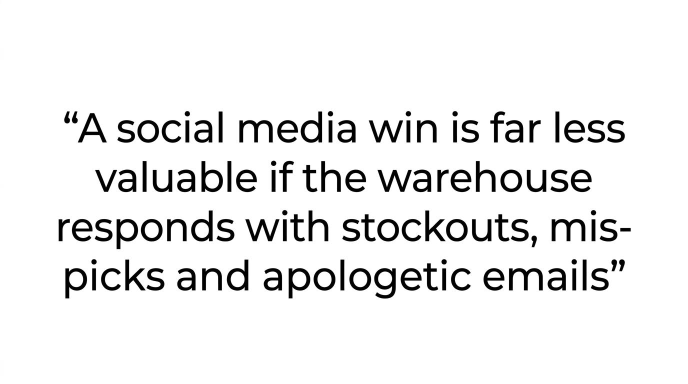 Highlighted quote stating that a social media win loses value when fulfilment causes stockouts, mis-picks, and apology emails.