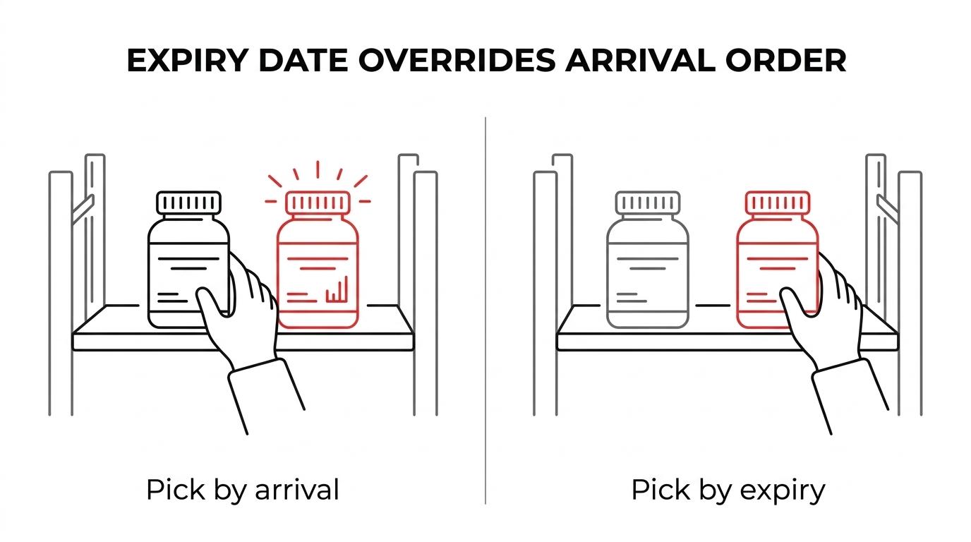 Side-by-side comparison showing FIFO shipping the oldest received stock first and FEFO shipping the soonest-expiring supplement batch first.