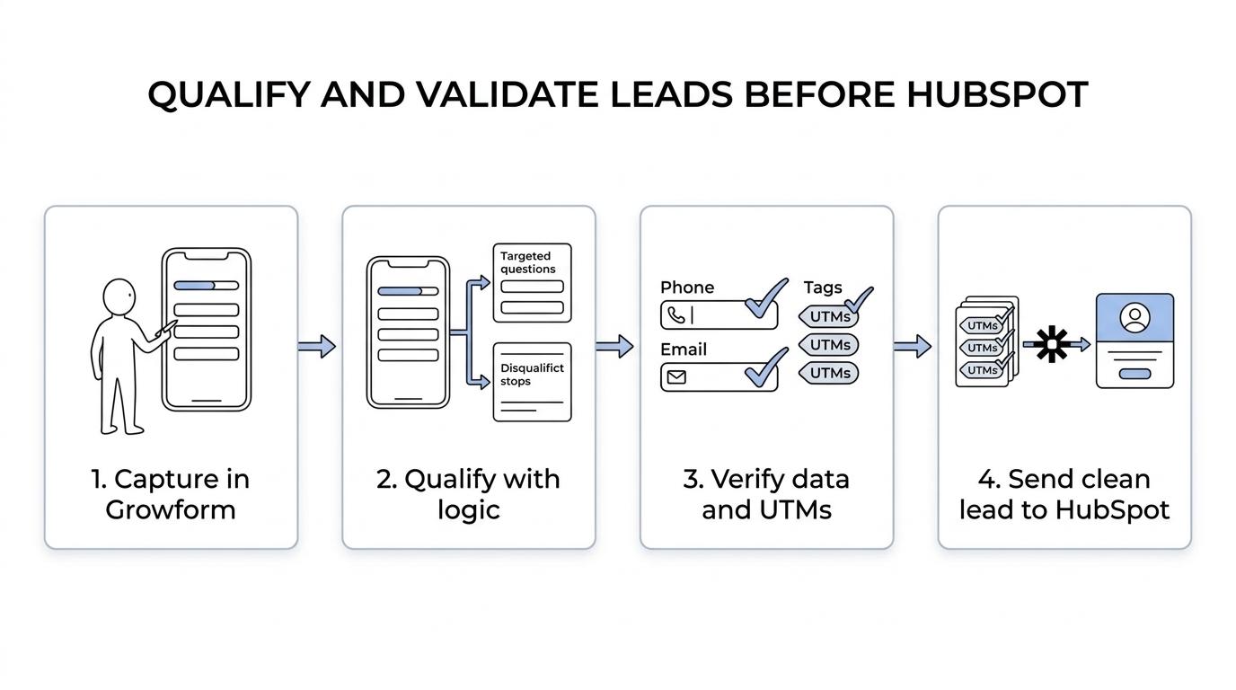 Flow showing paid traffic entering a multi-step Growform, then passing qualified lead data through Zapier into HubSpot for scoring and follow-up.