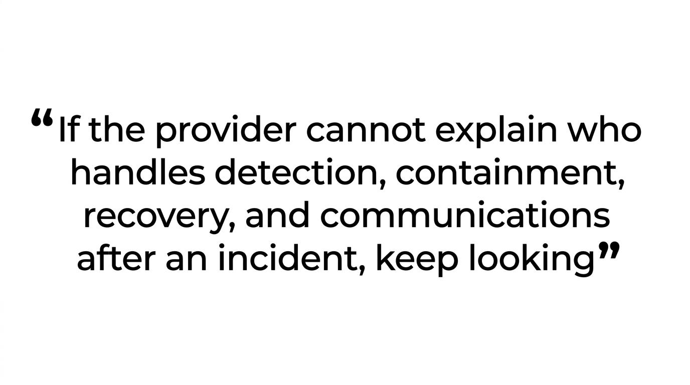 Highlighted quote stating that if a provider cannot explain who handles detection, containment, recovery, and communications after an incident, you should keep looking.