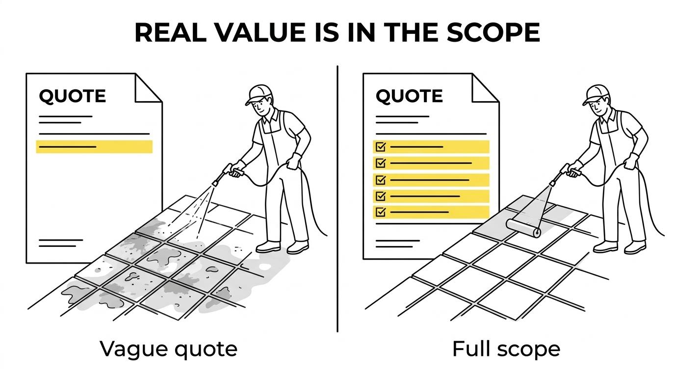 Side-by-side comparison of a vague paver sealing quote versus a detailed quote showing cleaning, dry time, joint sand work, prep, sealer, and exclusions.