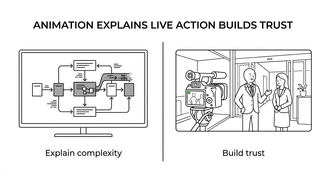 Side-by-side comparison of animation and live action for B2B video, showing animation for processes and systems and live action for real people, workplaces, and credibility.