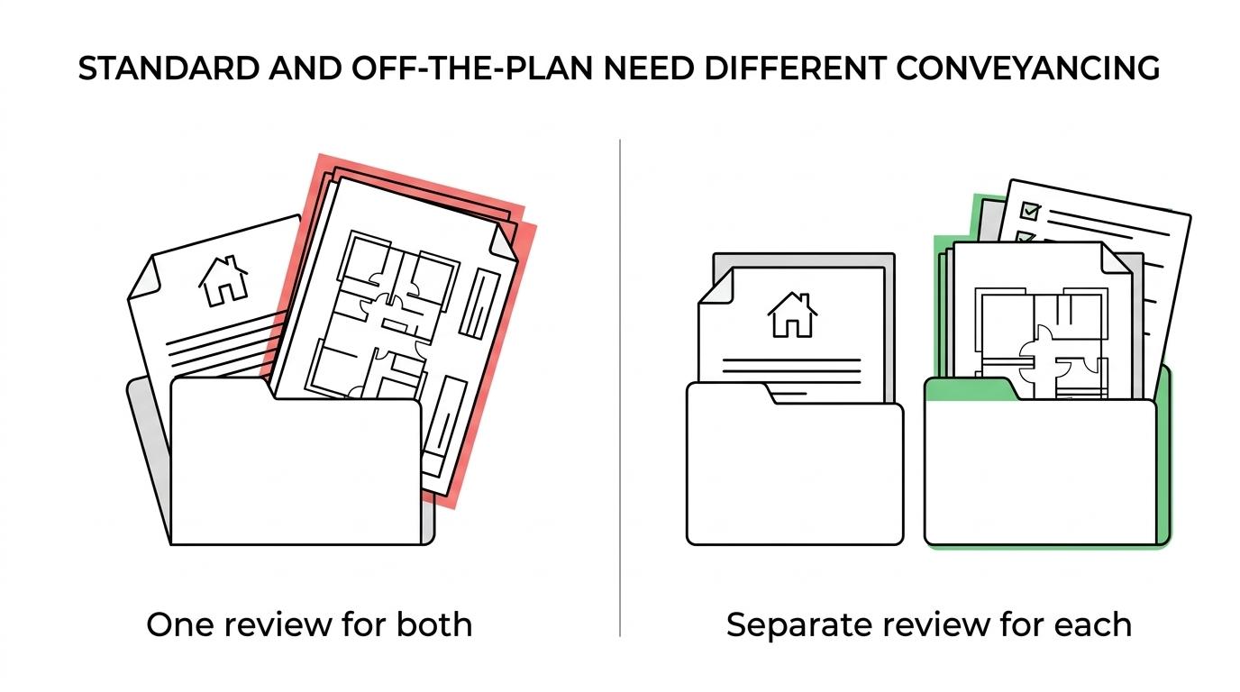 Side-by-side comparison of standard residential contract review and off-the-plan conveyancing in NSW, showing different fees, cooling-off periods and service scope.