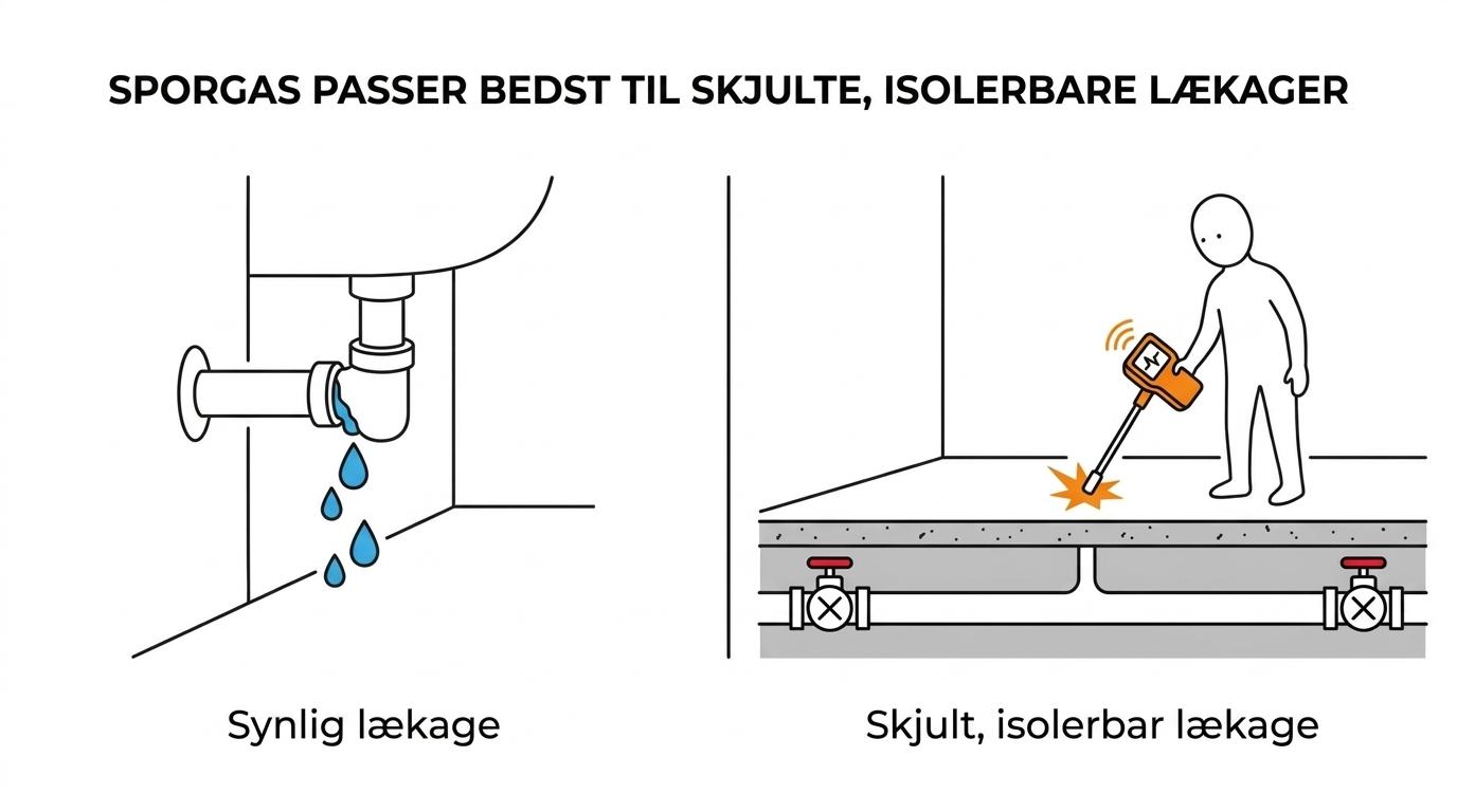 Side-om-side sammenligning af situationer, hvor sporgas er oplagt, og hvor andre lækagesøgningsmetoder er bedre.