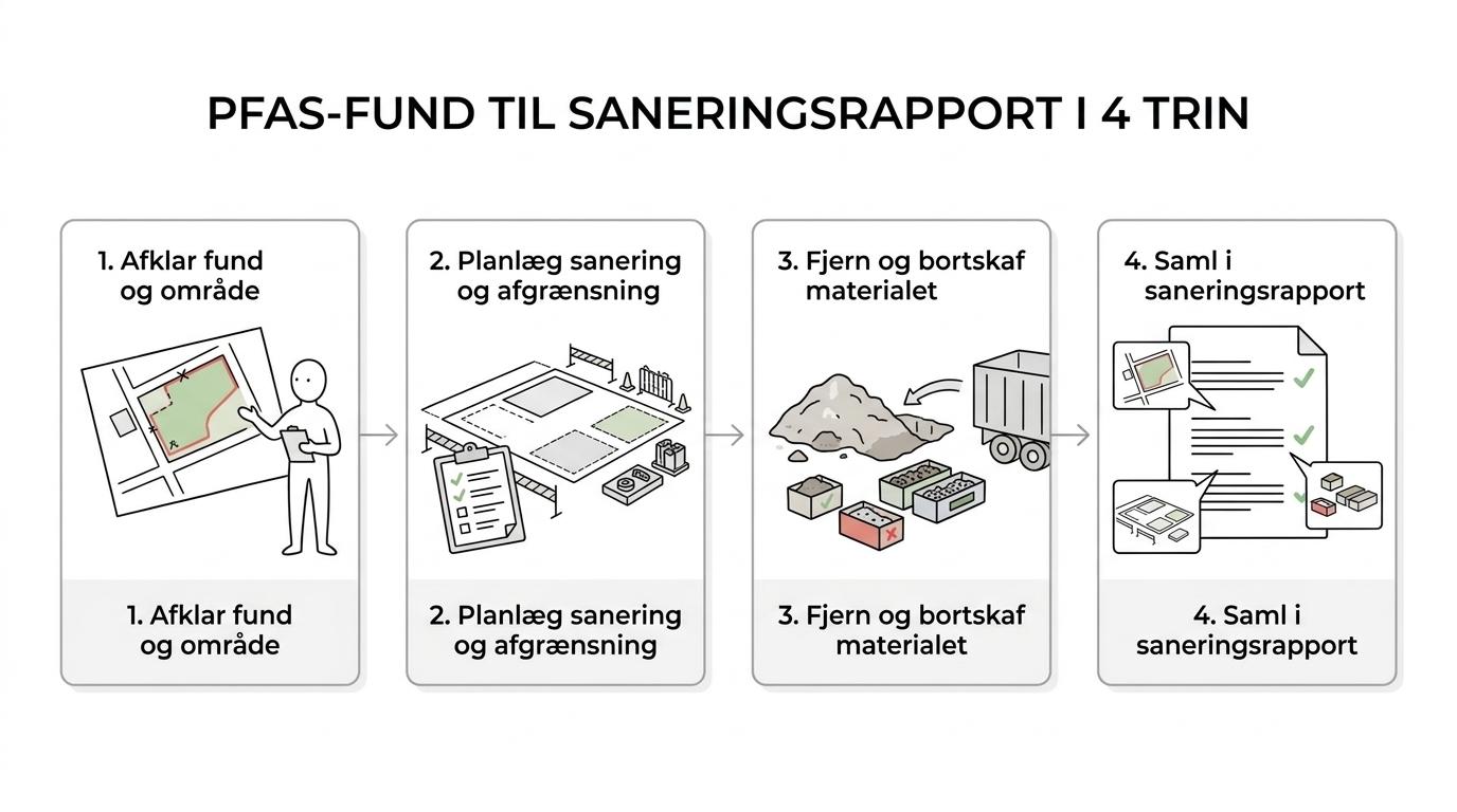 Flowdiagram med fire trin: afklaring af PFAS-fund, plan for sanering, fjernelse og bortskaffelse af berørt materiale samt afsluttende saneringsrapport.