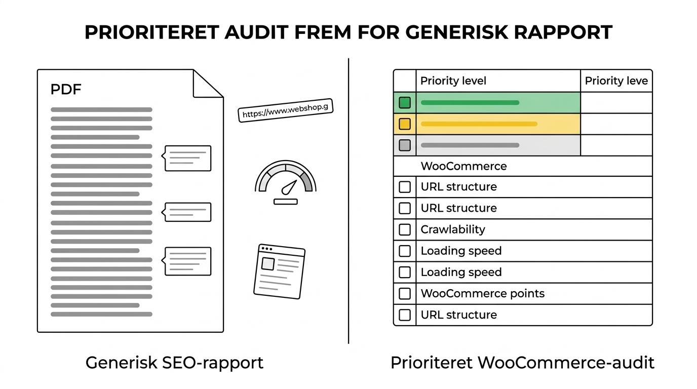 Sammenligning mellem en generisk SEO-rapport med løse kommentarer og en prioriteret WooCommerce-audit med kritiske fejl, næste skridt og klare ejere.