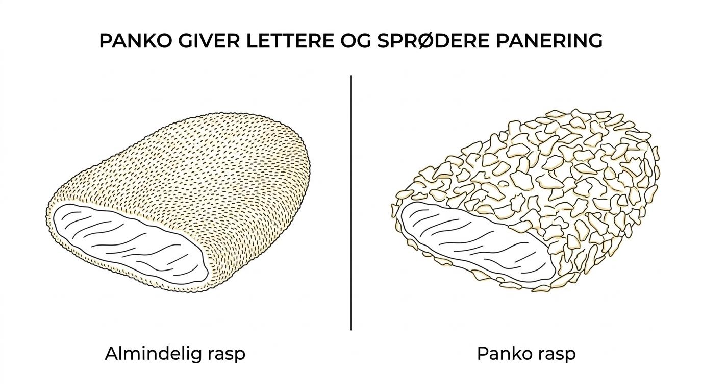 Sammenligning af panko og almindelig rasp som panering, med luftig sprød skorpe på den ene side og tættere panering på den anden.