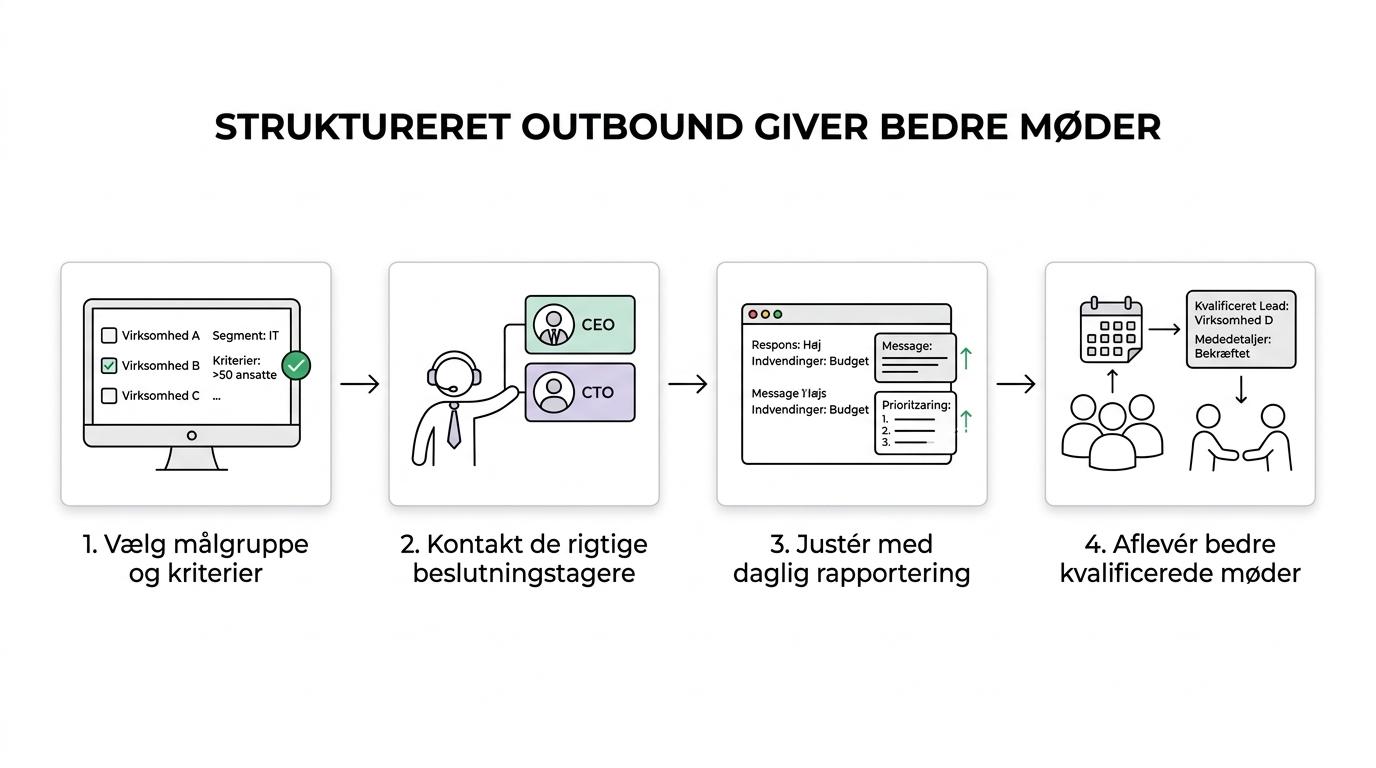 Flowdiagram over en SaaS-outboundproces fra målvirksomheder og beslutningstagere til kontakt, leadkvalificering, daglig rapportering og aflevering til salgsteamet.