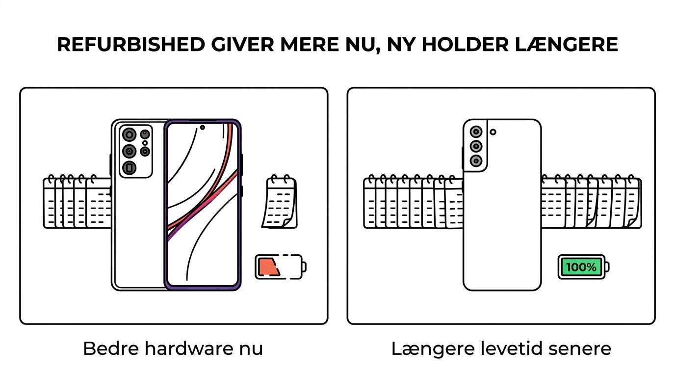 Side-om-side sammenligning af en refurbished premium-smartphone og en ny billigere smartphone med forskelle i kamera, skærm, ydelse, batterialder og softwarehorisont.