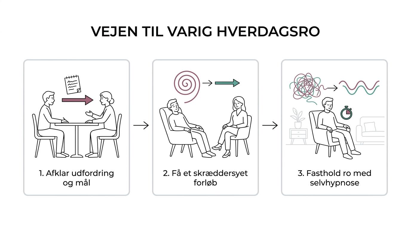 Et enkelt forløb med trin fra afklarende samtale til målrettet hypnoterapi, daglig selvhypnose og bedre ro i hverdagen.