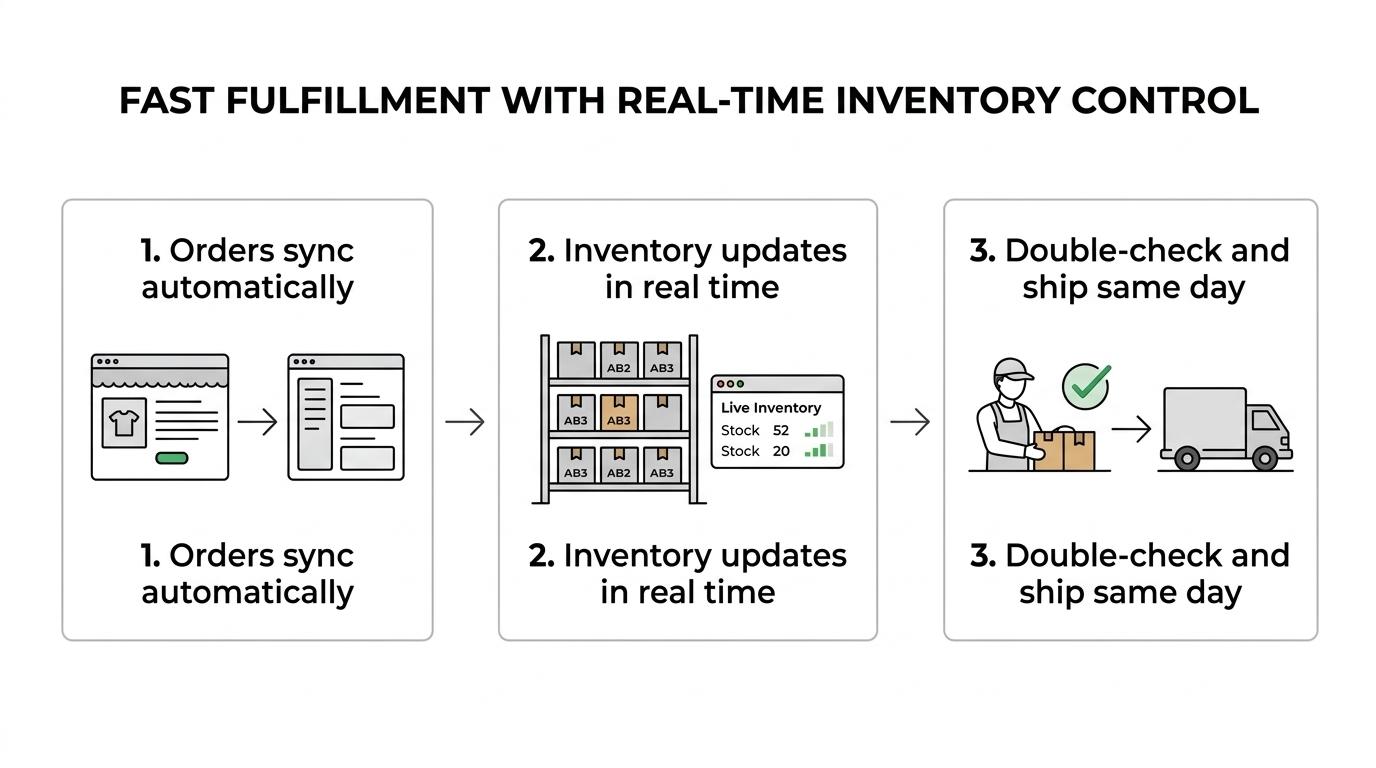A step-by-step fulfillment flow from online order intake and inventory sync to pick and pack, double verification, same-day shipping, and portal tracking.