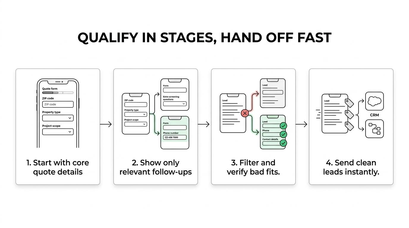 A step-by-step quote request funnel from initial questions to conditional screening, verification, consent capture, and CRM delivery.