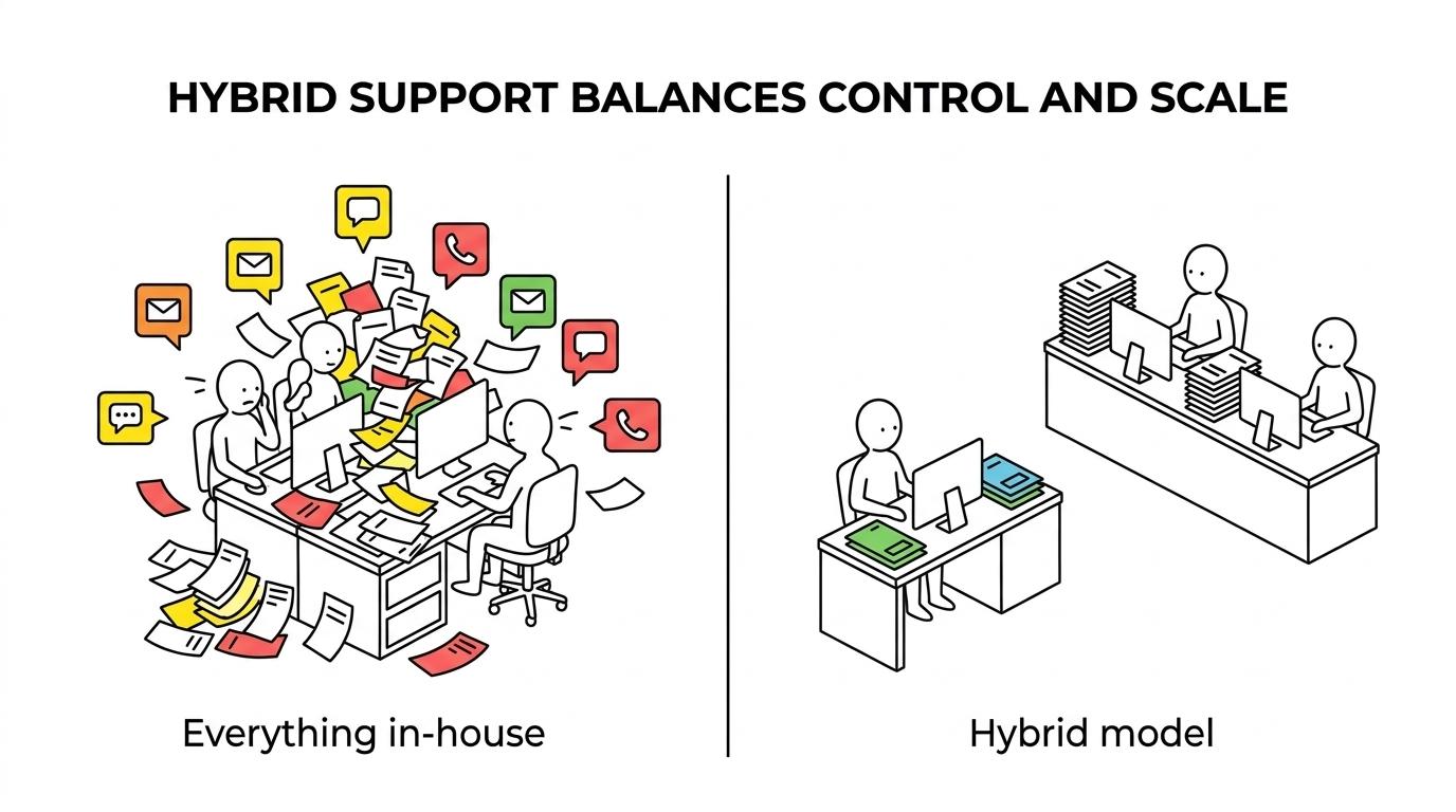 Side-by-side comparison of in-house, outsourced, and hybrid customer support across control, scalability, multilingual coverage, management burden, and ideal use cases.