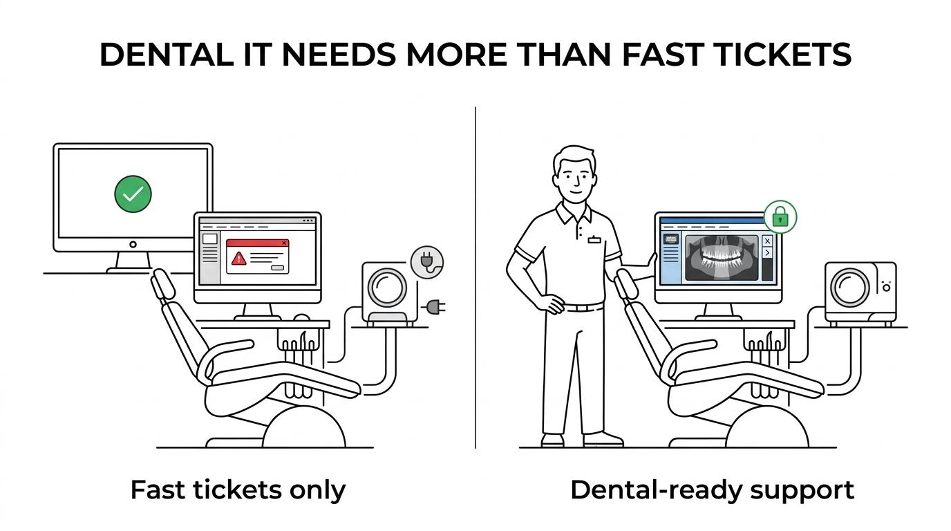 Side-by-side comparison of generic small-business IT support and dental-specific IT support across HIPAA, ransomware, software, and local service.
