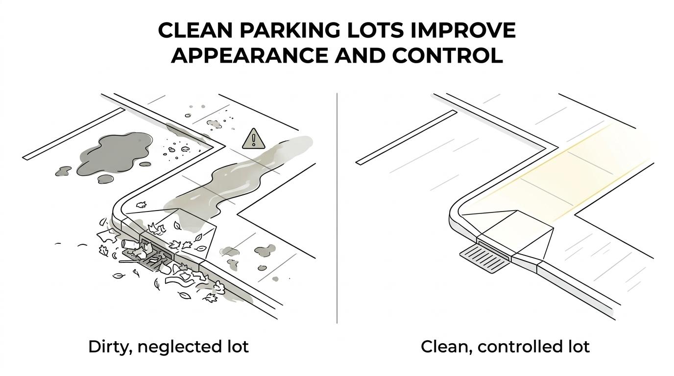 Side-by-side view of a stained commercial parking lot and the same area cleaned, with clearer concrete, curb lines, and entry paths.