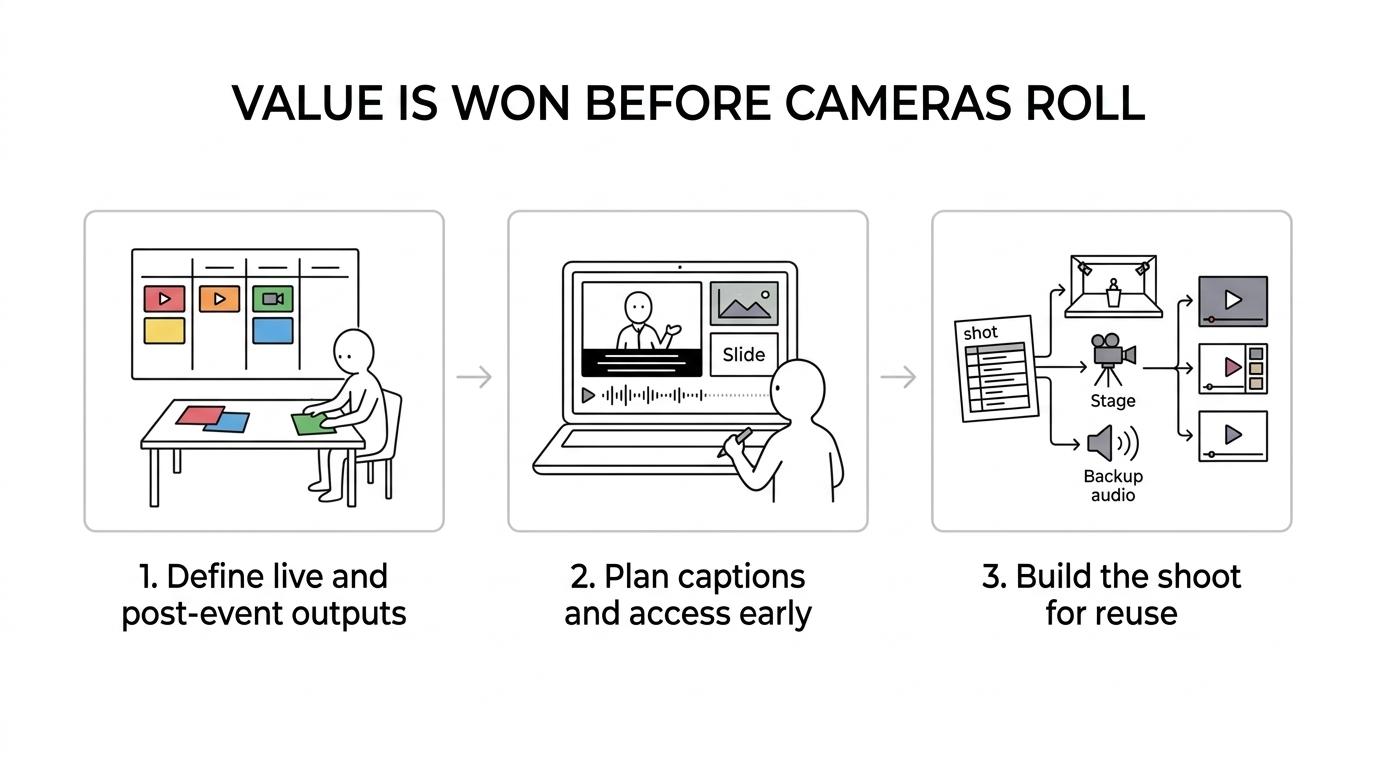 Three-stage workflow showing pre-production planning, live conference capture, and post-event video reuse.