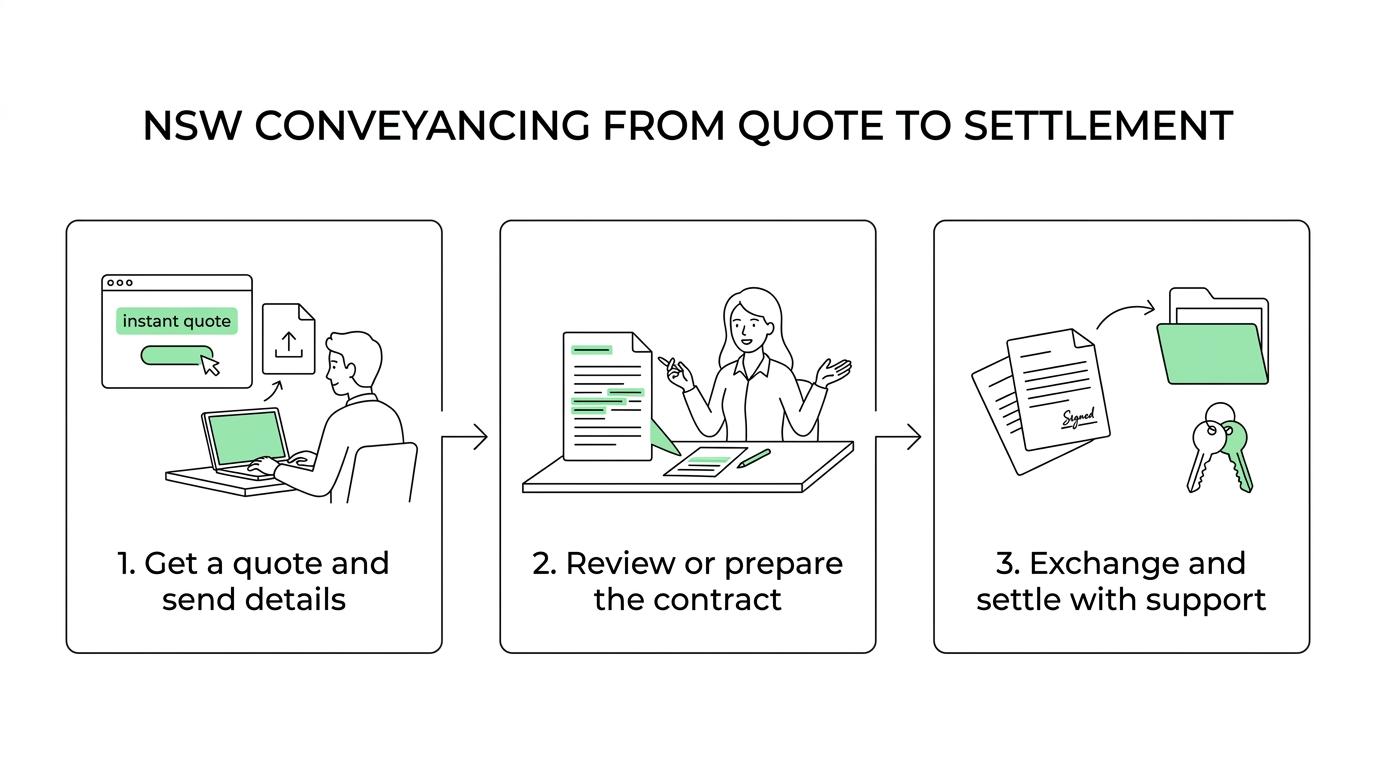 Three-step conveyancing process showing quote and instructions, contract review or preparation, then exchange and settlement support.