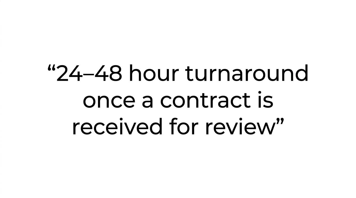 Highlighted quote stating that CS Conveyancing Services aims for a 24–48 hour turnaround once a contract is received for review.