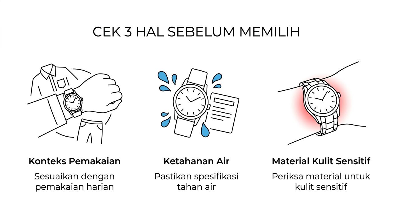 Tiga poin utama saat memilih jam tangan couple: konteks pemakaian, water resistance, dan material yang nyaman di kulit.