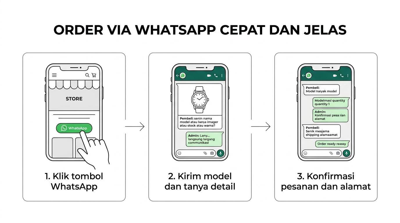 Diagram alur pemesanan jam tangan via WhatsApp dari buka homepage hingga konfirmasi alamat dan pembayaran.