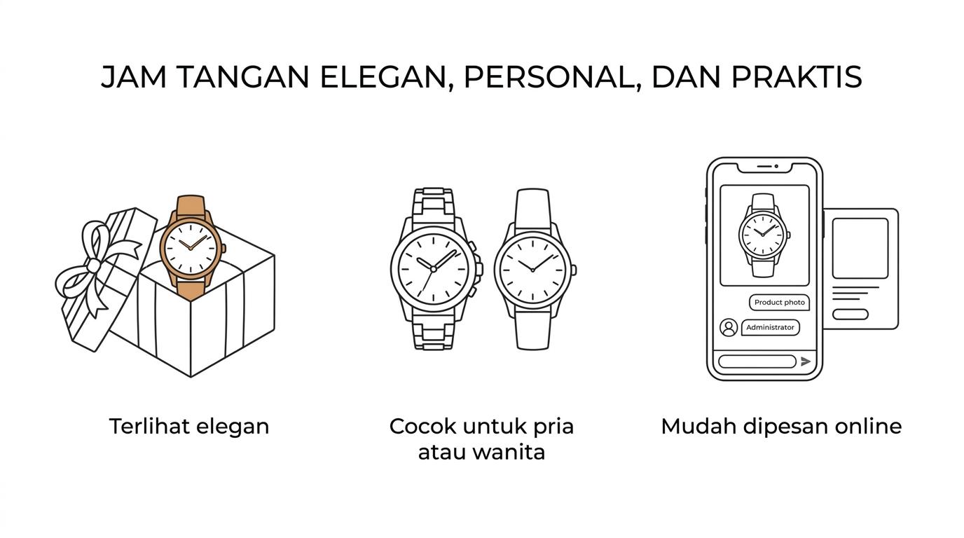 Visual ringkas berisi alasan memilih jam tangan Nakoda Arloji untuk hadiah ulang tahun: gaya timeless, foto produk sesuai, pemesanan mudah, dan pengiriman cepat.