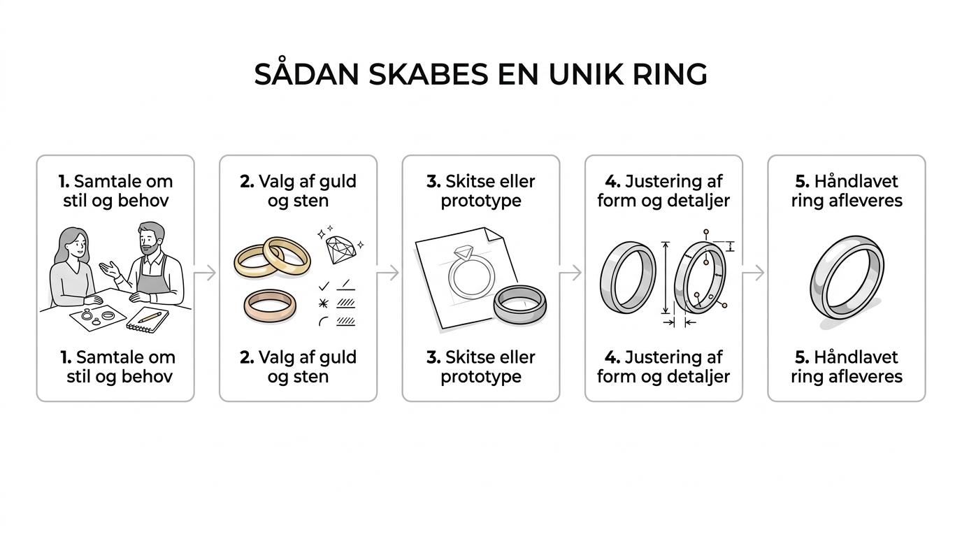 Trinvis oversigt over processen for en specialdesignet ring fra første samtale til valg af materialer, prototype, justeringer og færdig håndlavet ring.