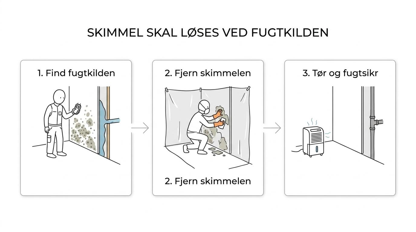 Et trin-for-trin forløb fra fund af skimmel og fugtkilde til sanering, affugtning, dokumentation og genopretning.