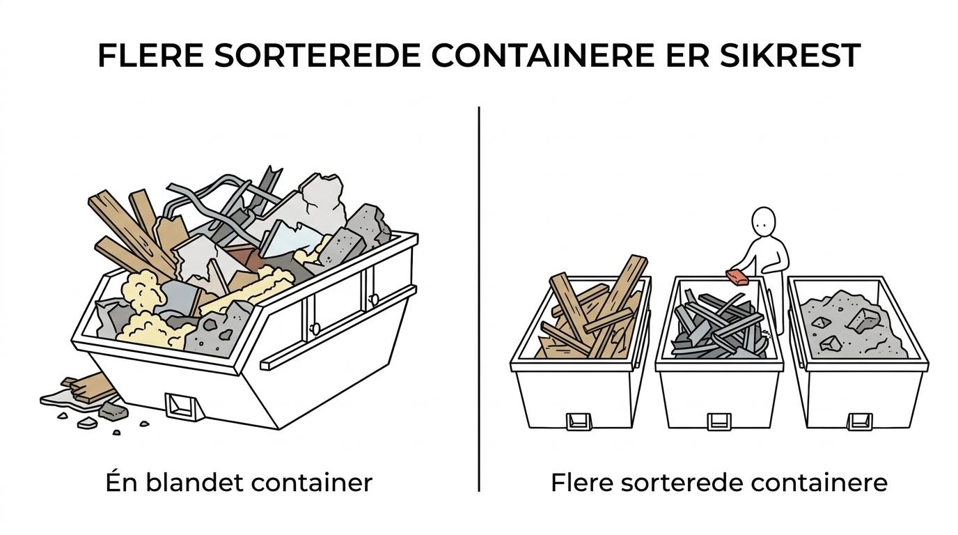 Sammenligning mellem én stor blandet container og flere containere til adskilte affaldsfraktioner ved en nedrivningsplads.