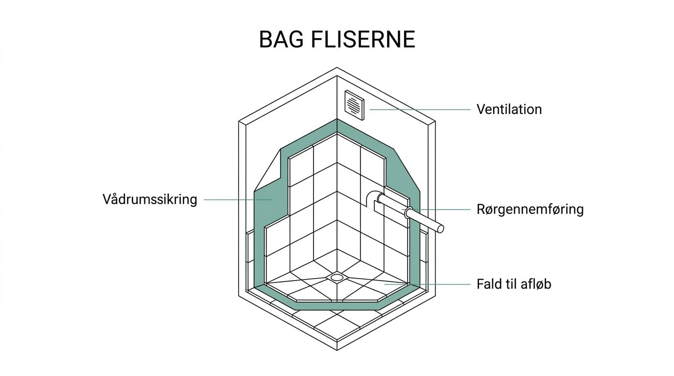 Gennemskåret badeværelse med fliser, vådrumsmembran, fald mod gulvafløb, rørgennemføringer og ventilation.