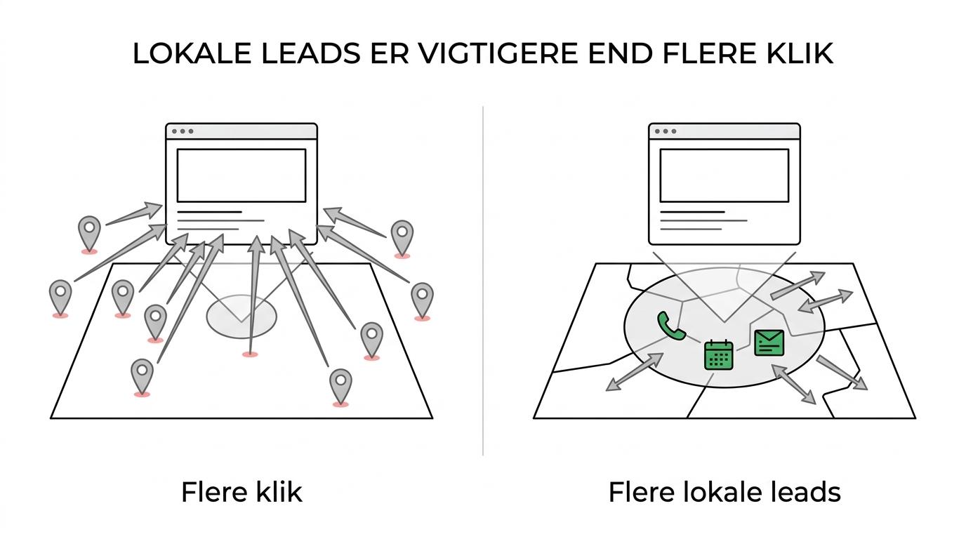 En side-om-side sammenligning af en klikfokuseret Google Ads-kampagne og en lokalt målrettet kampagne, der skaber opkald og formularhenvendelser i København.