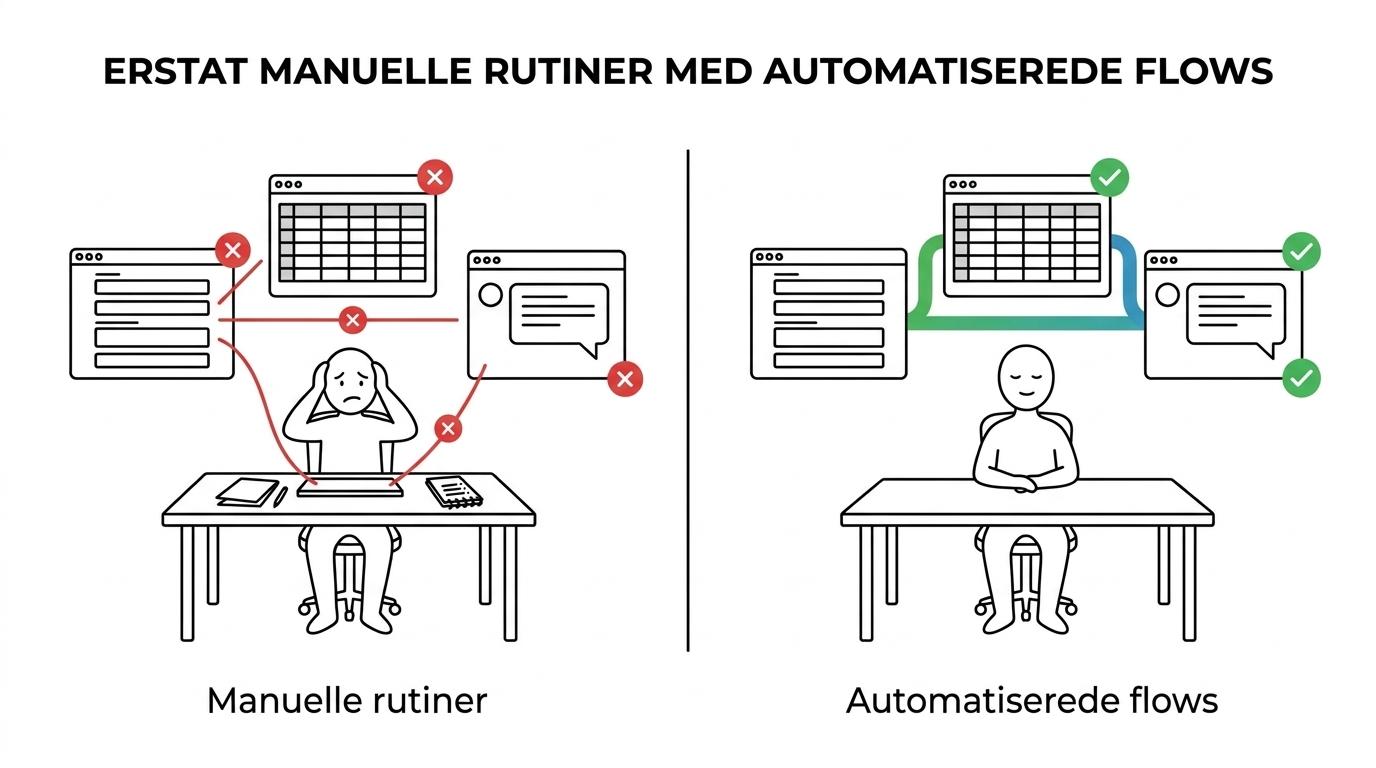 Side om side visning af en manuel arbejdsgang med mange klik, kopiering og godkendelser versus en automatiseret flow-proces på tværs af Microsoft 365-apps.