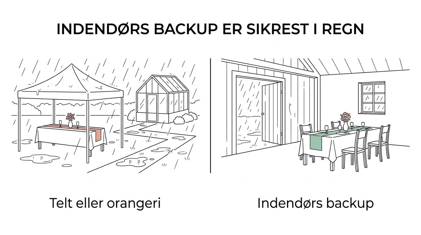 Sammenligning af telt, orangeri og indendørs backup til havebryllup med forskelle i stemning, teknik og regnsikkerhed.