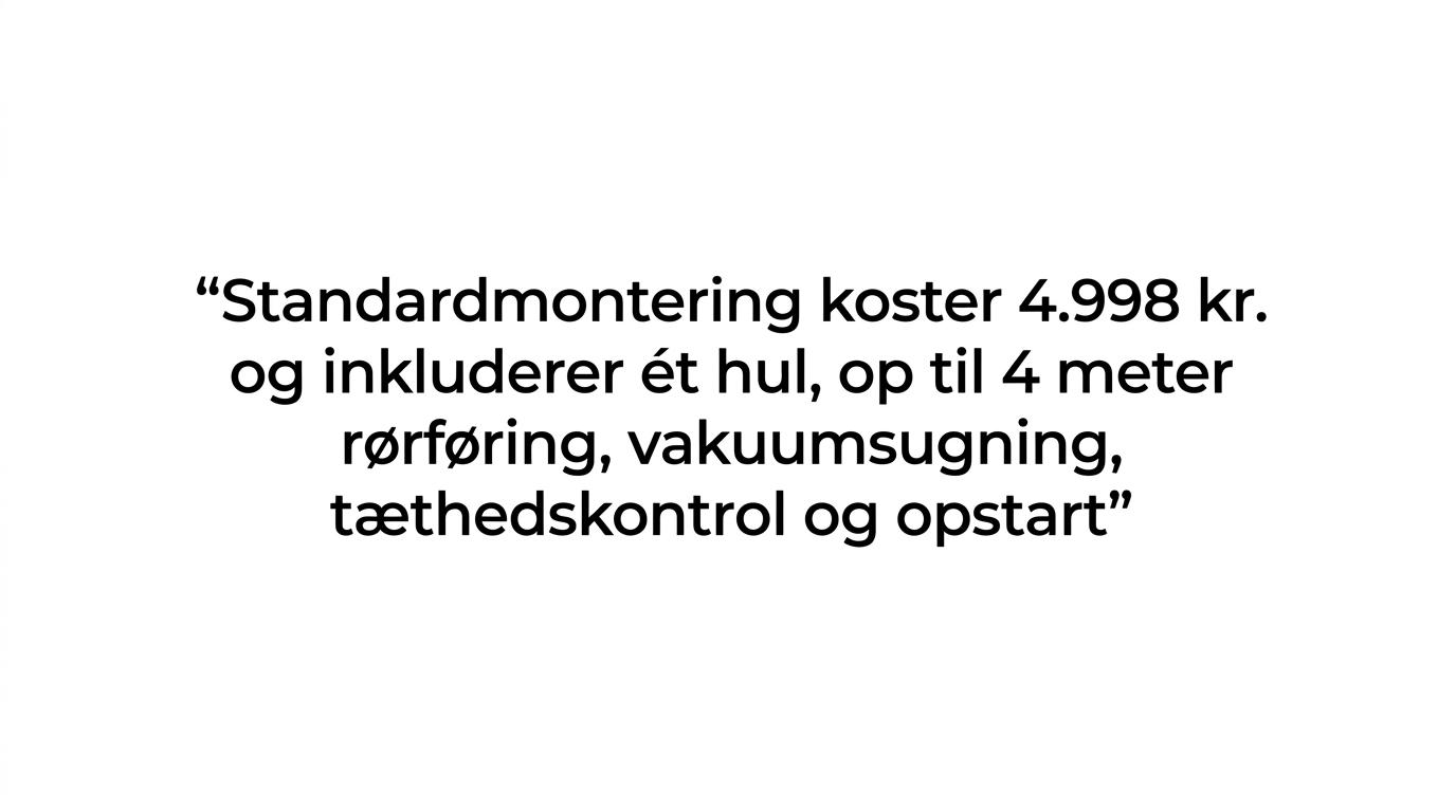 Fremhævet citat om at standardmontering koster 4.998 kr. og inkluderer hulboring, rørføring, vakuumsugning, tæthedskontrol og opstart.