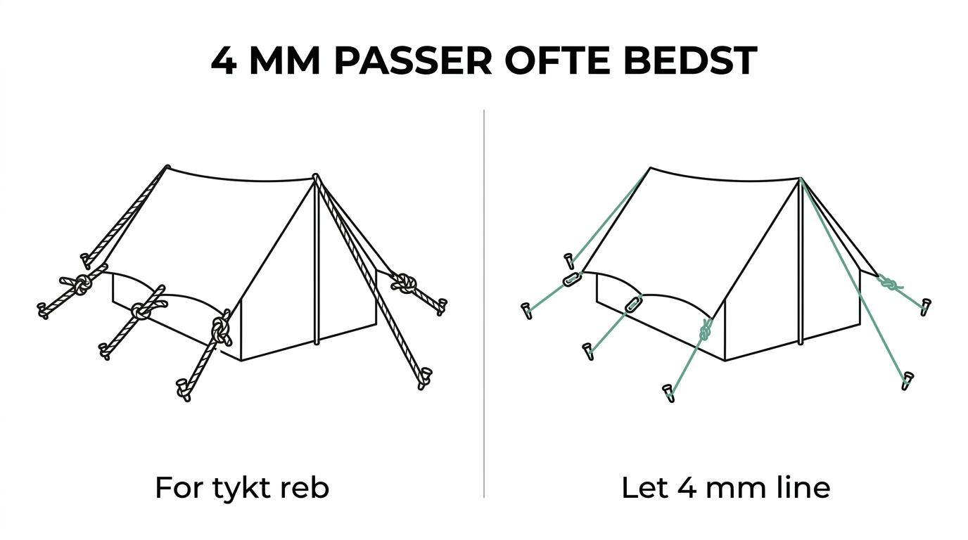Sammenligning af tynd bardunsnor til små tarps, 4 mm allround bardunsnor til telt og lejr, og kraftigere line til store eller vindudsatte opsætninger.