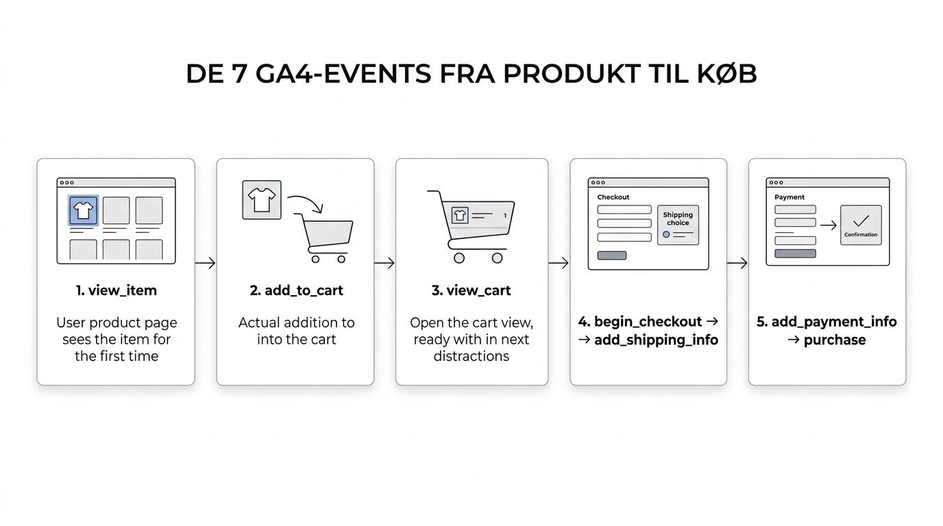 Trinvis ecommerce-funnel fra view_item og add_to_cart til purchase med mulige frafaldspunkter undervejs.