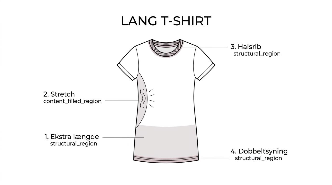 En lang dame-T-shirt med markeringer ved ekstra længde, elastan i stoffet, ribkant i halsen, skuldertape og dobbeltsyninger.