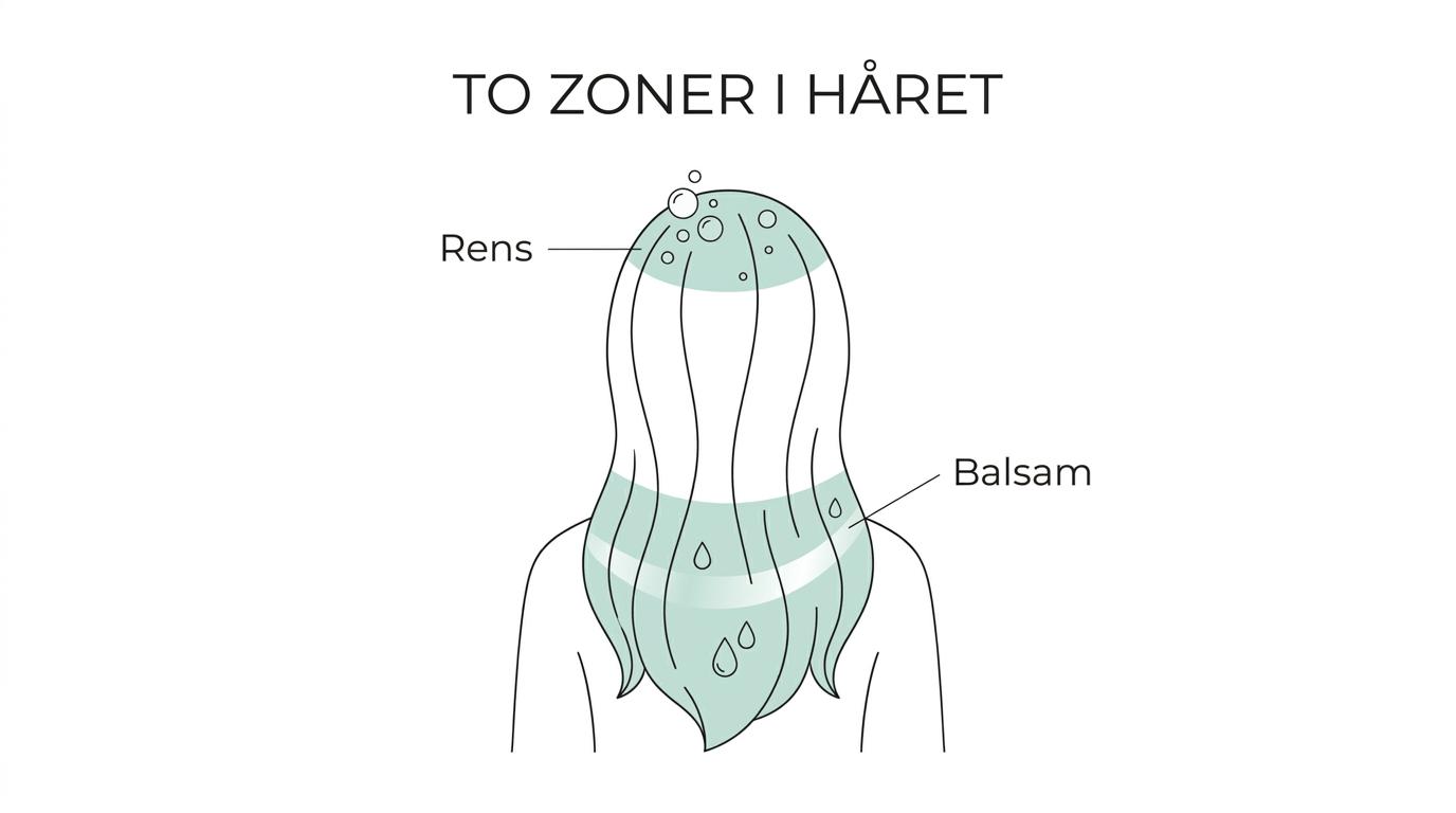 Illustration af hår opdelt i hovedbund, længder og spidser med markering af rens i hovedbunden og fugtgivende balsam i længderne.