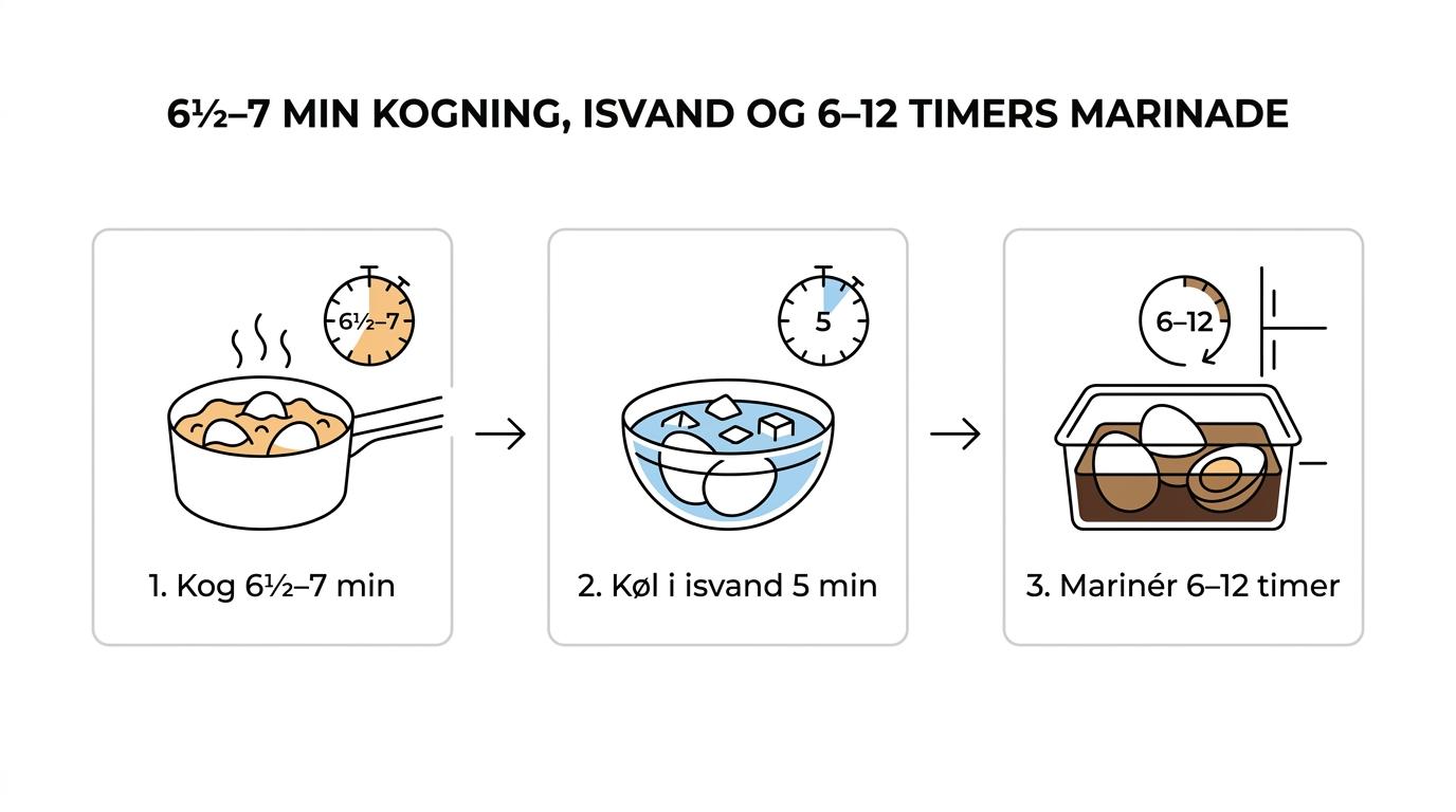Trinvis illustration af ramen æg med kogning, isbad, pilning, marinade og halverede æg med cremet blomme.