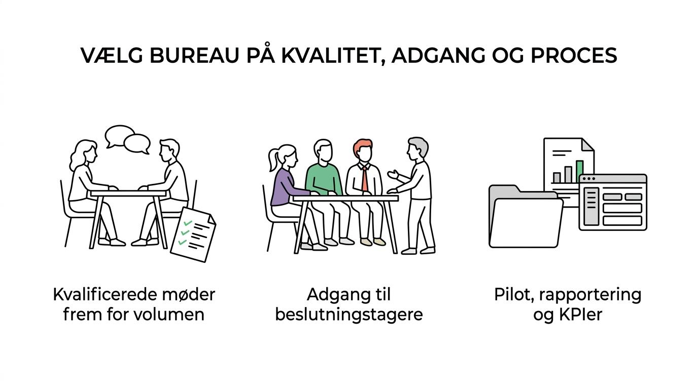 Oversigt over de vigtigste kriterier til at vurdere et B2B-salgsbureau på Sjælland, herunder branchematch, beslutningstageradgang, data, mødekvalitet, rapportering, outbound-erfaring og pilotmodel.