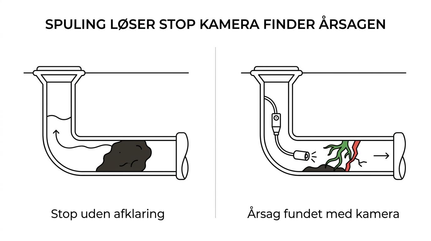 Side om side visning af kloakspuling, der renser et tilstoppet rør, og TV-inspektion, der viser skader inde i ledningen.