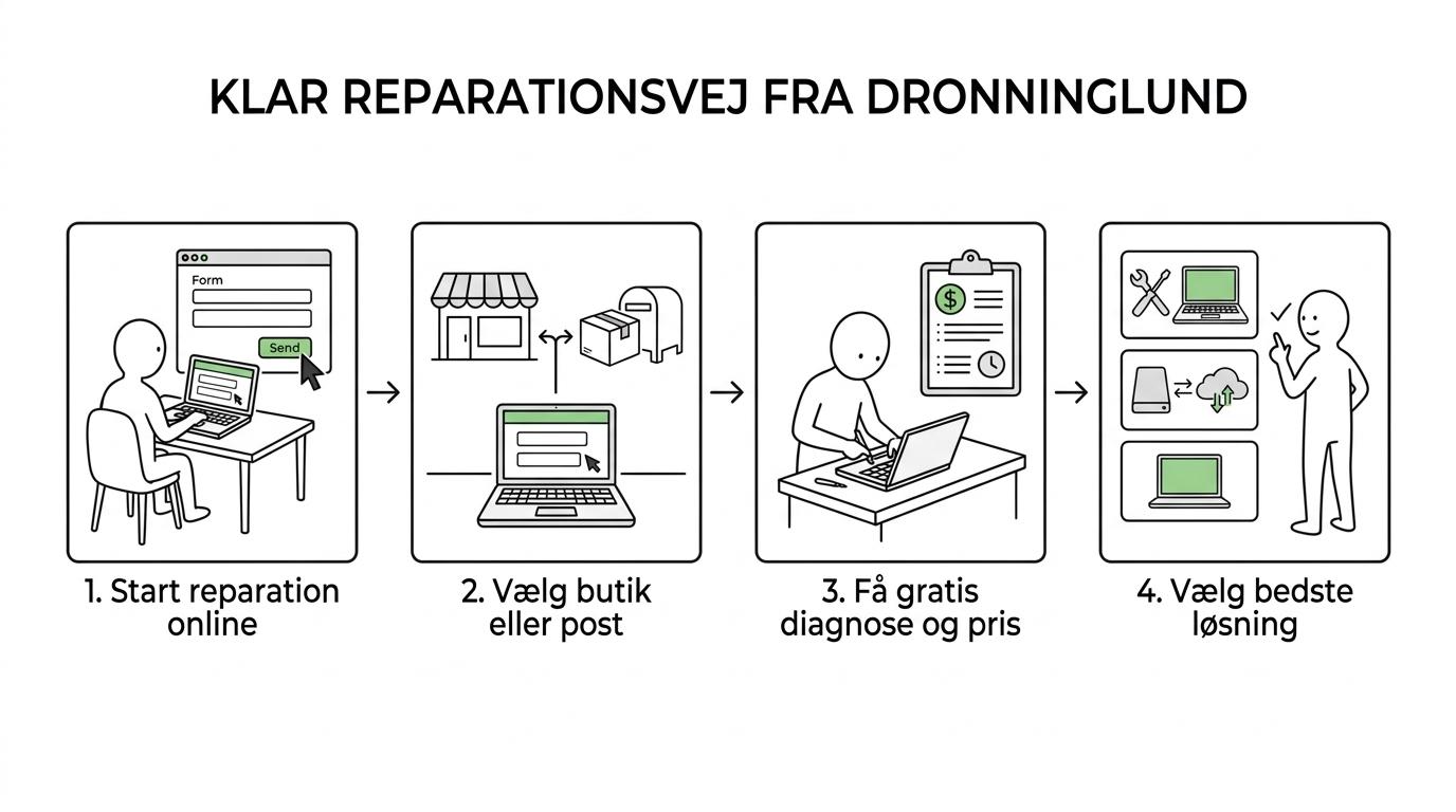 Flow over bærbar service: start online, aflever i Frederikshavn eller send med post, få gratis fejldiagnose og estimat, vælg reparation, dataoverførsel eller refurbished erstatning.