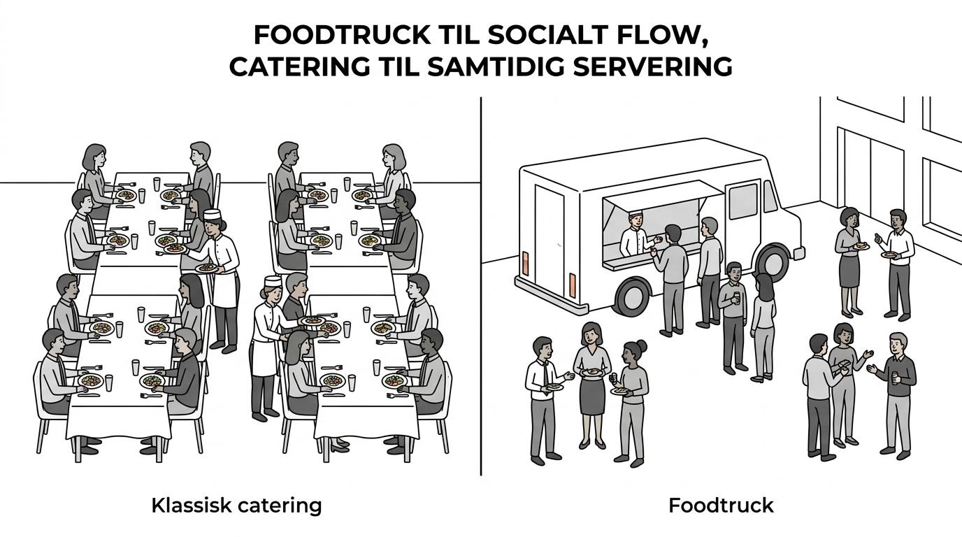 Side-by-side view of a foodtruck serving guests outdoors and a formal catered dining setup indoors.