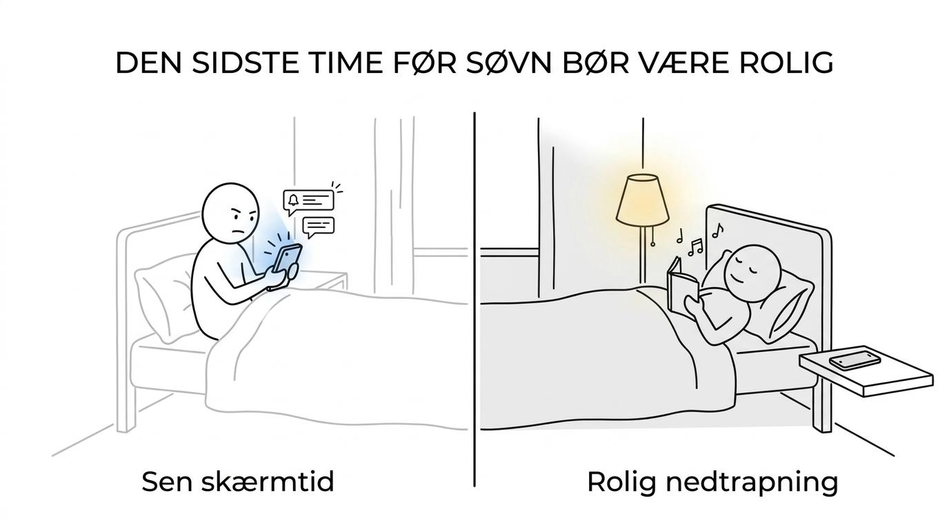 Sådan styrkes trivsel hos unge med rolige rutiner hjemme 1 Side om side: en ung med mobil i et lyst værelse sent om aftenen og en ung i dæmpet lys med telefonen lagt væk og en bog før sengetid.