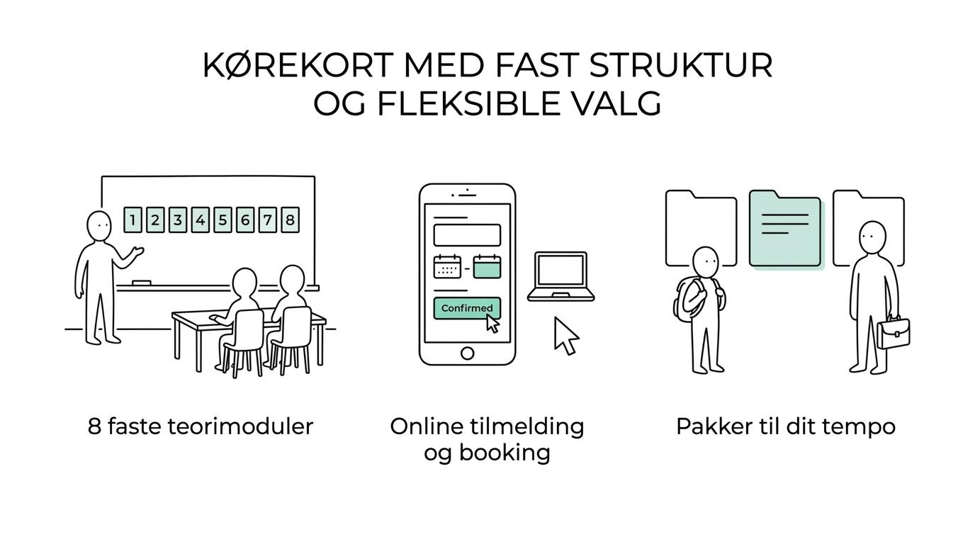 Visual med nøglefordele ved Trafik Start: central placering, gratis første teorimodul, 8 teorimoduler, online booking og flere pakketyper.