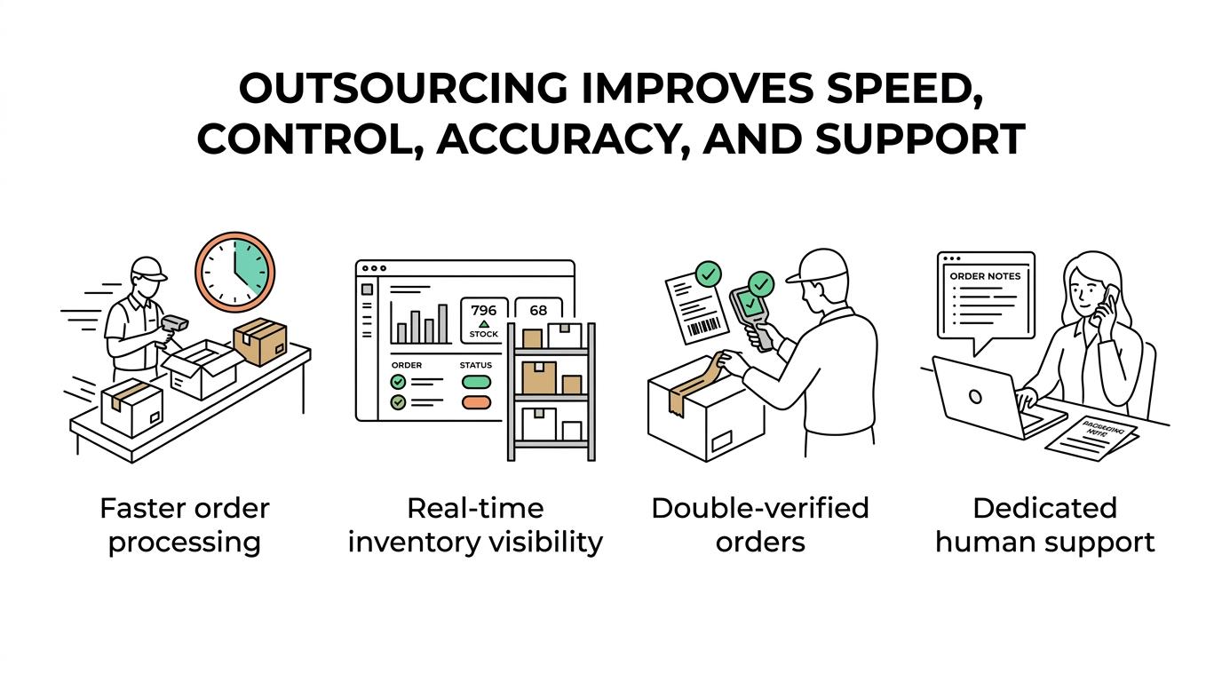 Graphic showing four fulfillment gains for Chicago brands: speed, control, order accuracy, and responsive support.