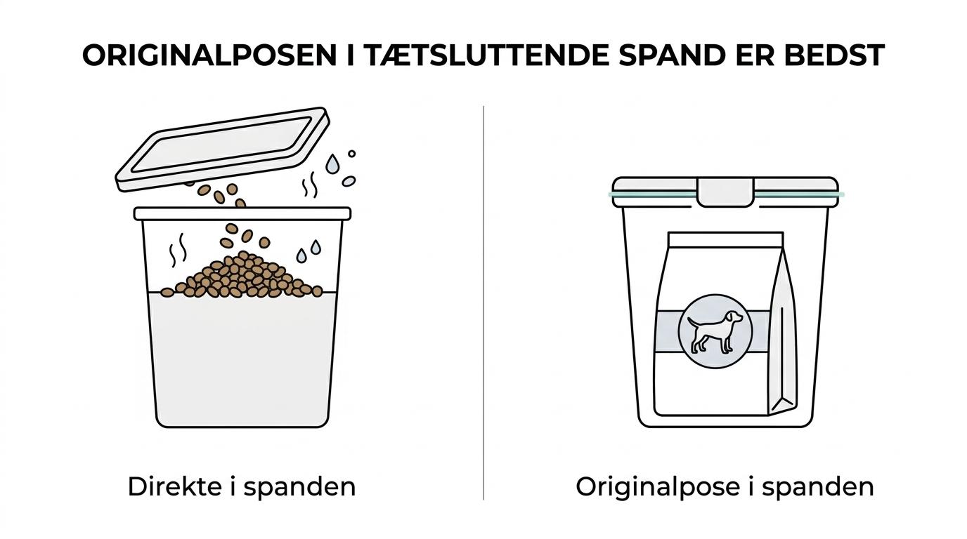Sammenligning af tørfoder opbevaret i originalpose i en lukket spand, direkte i en spand og i en åben sæk i et skab.