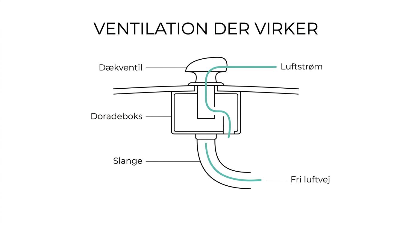 Diagram af en båds doradeventilation med doradeboks, dækventil, ventilationsslange og luftstrøm gennem kahyt.