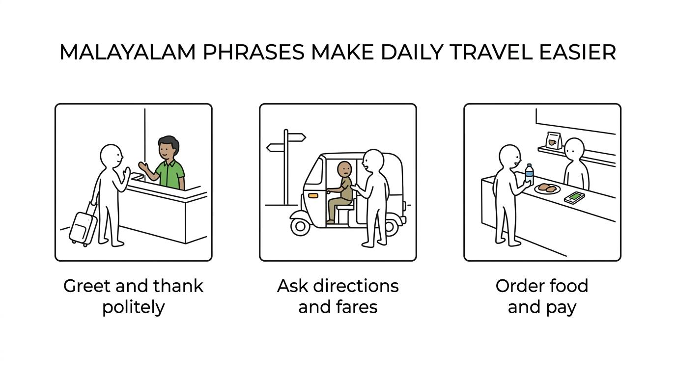 Grouped cards showing essential Malayalam travel phrases for greetings, directions, food, transport, and payment.
